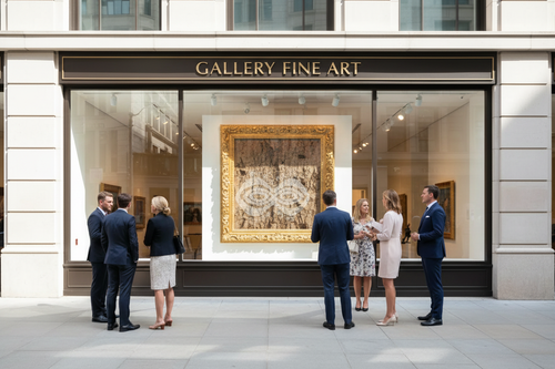 Gallery Fine Art shopfront daytime with bark texture artwork