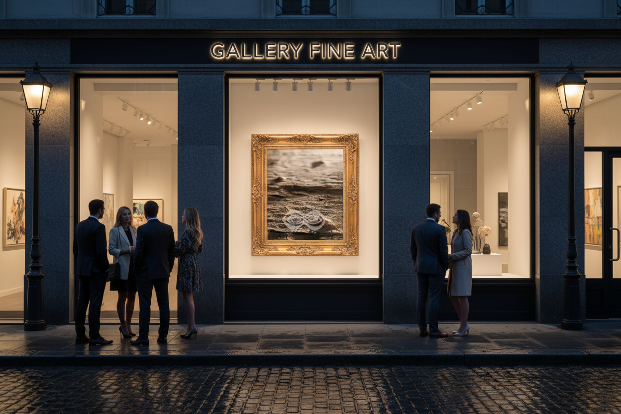 Gallery Fine Art shopfront with bark texture artwork
