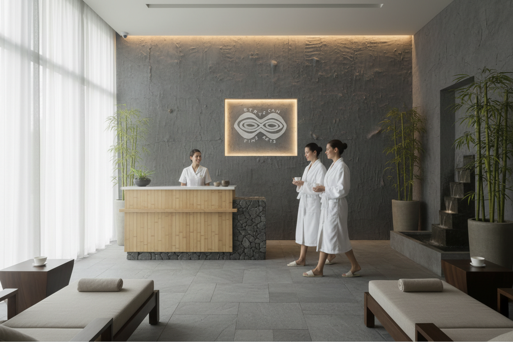 July Amazon Bark Full Moon artwork in modern spa reception