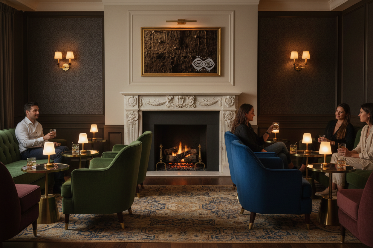 June Amazon Bark Nightfall artwork in boutique hotel lounge