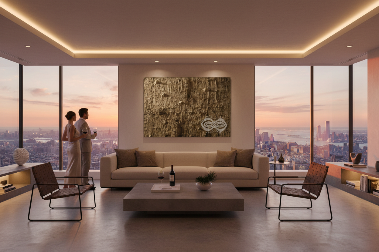 April Amazon Bark Sunset artwork in luxury penthouse with city views