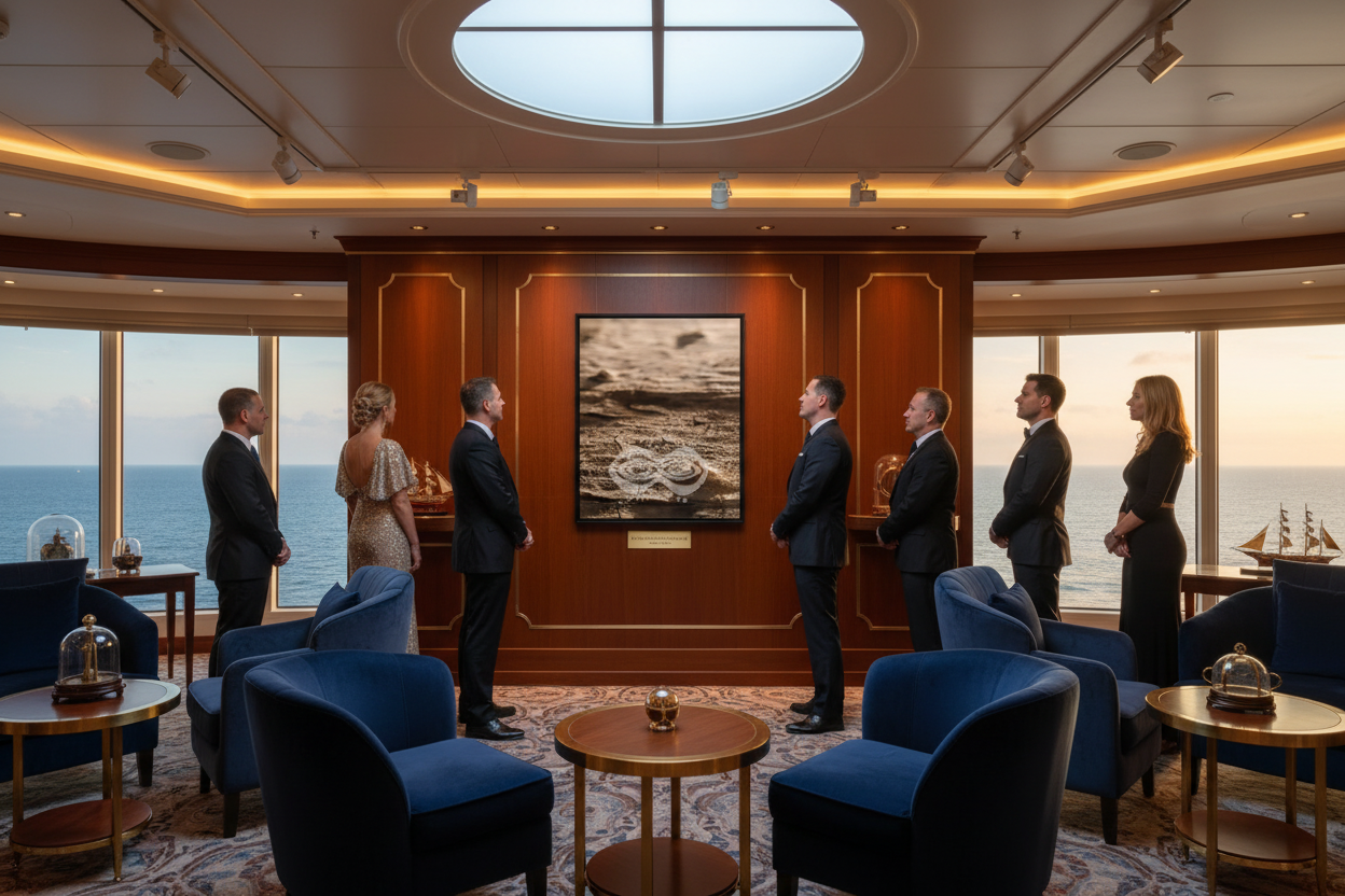 January artwork centered in cruise ship gallery with admirers